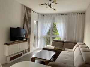 a living room with a couch and a tv at Apartmani Berg in Pale