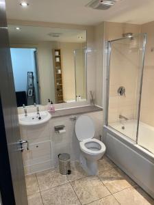 y baño con aseo, lavabo y ducha. en Luxury 1 or 2 bedroom Apartment Birmingham City Centre en Birmingham