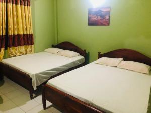 2 Betten in einem Zimmer mit grünen Wänden in der Unterkunft River Garden Hotel Anuradhapura in Anuradhapura