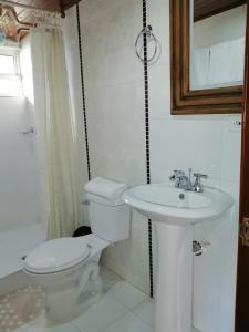 Baño blanco con aseo y lavamanos en Chalet_Laguna_Azul en Aquitania