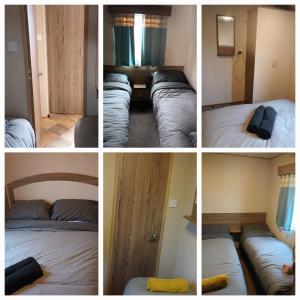 a collage of four pictures of beds in a room at 6 dunster court haven park doniford bay in Watchet