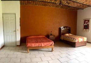 1 Schlafzimmer mit 2 Betten in einem Zimmer mit einer Tür in der Unterkunft Casa de campo cerca de Guadalajara. in San Isidro Mazatepec