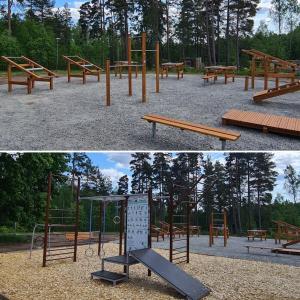 two pictures of a park with benches and a playground at Fint boende nära Isaberg Mountain Resort in Grimsås