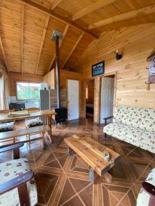 ein Wohnzimmer in einem Blockhaus mit Holzdecken in der Unterkunft CABAÑAS RUCA MALAL in Futrono