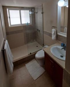 a bathroom with a shower toilet and a sink at Oceanfront Playa Turquesa with highspeed Wi-Fi, pools, free beach access in Punta Cana
