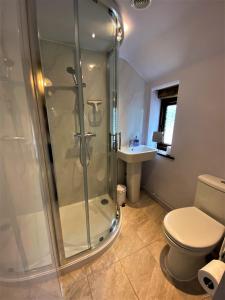 a bathroom with a shower and a toilet and a sink at Brundish Suffolk Large 4-Bed Barn Stunning! in Woodbridge