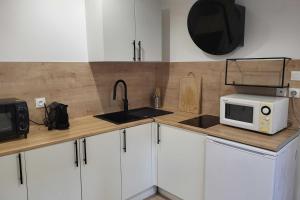 a kitchen with a counter with a microwave and a sink at Charming studio in the historic centre in Montpellier