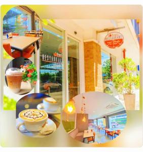 a collage of photos of a restaurant with a coffee shop at The Original Orange Hotel in Nakhon Si Thammarat