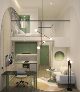 a living room with a loft bed and a table at Citadines Science Park Singapore in Singapore