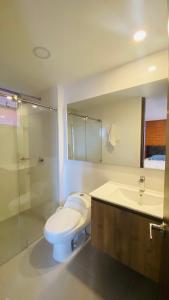 La salle de bains est pourvue de toilettes, d'un lavabo et d'une douche. dans l'établissement Apartamento panorámico de lujo en el Centro de Pasto, à Pasto