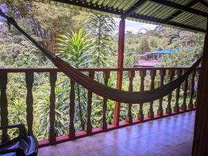 a hammock on a porch with a view of the jungle at Comodo Alojamiento en San cipriano in San Cipriano