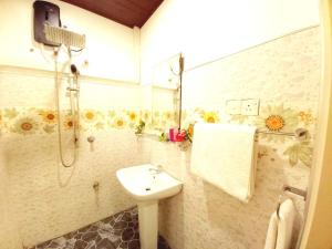 a bathroom with a sink and a shower at Dinu Lanka Resort in Katunayaka