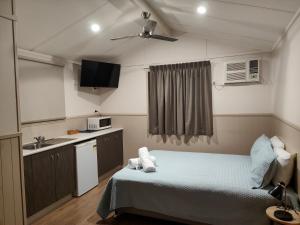 a small room with a bed and a sink at Carmila Caravan Park & Cabins in Carmila