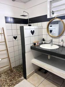 a bathroom with a sink and a mirror at Bungalow le goyavier in Goyave