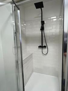 eine Dusche mit Glastür und Dusche in der Unterkunft Glendale Gardens Apartment in Southend-on-Sea