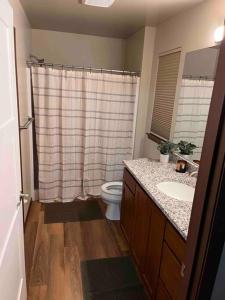 a bathroom with a sink and a toilet and a shower at 5 STAR Rating Home on Rock Island Golf Course 