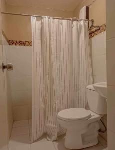 uma casa de banho com uma cortina de chuveiro branca e um WC. em Casa De Familia Staycation em Manila