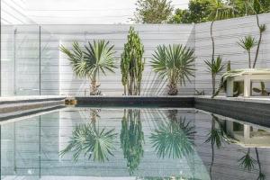 a swimming pool with plants on a fence at The Pool House - Byron Bay in Byron Bay