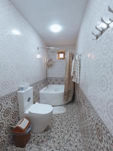 a bathroom with a toilet and a bath tub at Hotel DARI-ZANJIR family guest house in Samarkand