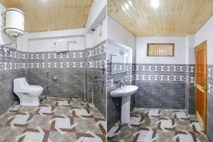 two pictures of a bathroom with a toilet and a sink at FabHotel Orchard Retreat in Manāli