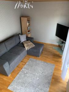a living room with a gray couch and a television at Haus Nummer Vier in Neunkirchen