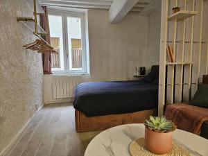 een slaapkamer met een bed, een tafel en een bank bij Charmant studio proche du temple in Vienne