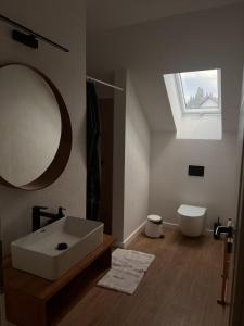 Cabana NORD في Ciban: حمام مع حوض أبيض ومرآة