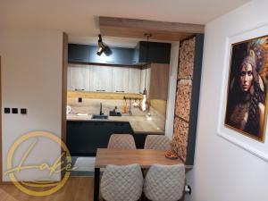 a kitchen and dining room with a painting of a woman at Apartman -Cozy Lake- Sarajevo in Lukavica