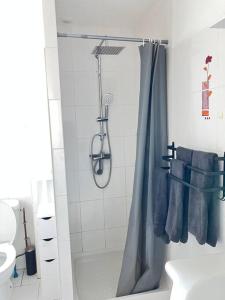 y baño con ducha, toallas azules y lavamanos. en Séjour bucolique au lac du der, en Giffaumont-Champaubert
