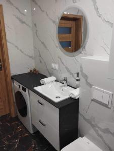 y baño con lavabo y lavadora. en Apartament Zielony 12/2, en Starogard Gdański