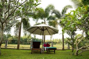 a chair and an umbrella in a yard at New Mangosteen Garden Villa in Hikkaduwa
