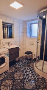 a bathroom with a shower and a toilet and a sink at Fe Wo Auf der Alb 