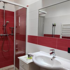 Un baño con lavabo, ducha y espejo. en Al Dos, en Livigno 57 fotos más