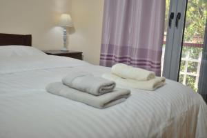 1 cama con toallas blancas y ventana en Rose's House, en Tríkala