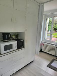 a white kitchen with a microwave and a window at Bastis Central Guesthouse Lucerne City in Lucerne