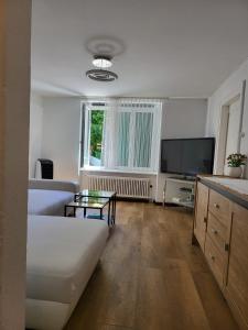a living room with a couch and a flat screen tv at Bastis Central Guesthouse Lucerne City in Luzern