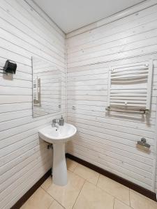 bagno bianco con lavandino e specchio di Парк-готель Там, де гори... a Vyžnycja