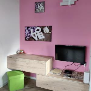 利维尼奥Al Dos的一间带电视和粉红色墙壁的客厅