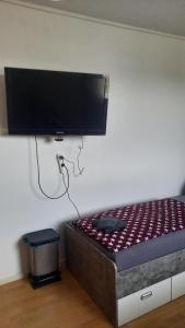 ein Schlafzimmer mit einem an eine Wand angebrachten Flachbild-TV in der Unterkunft 2 Bettzimmer Zentrumsnah in Erfurt
