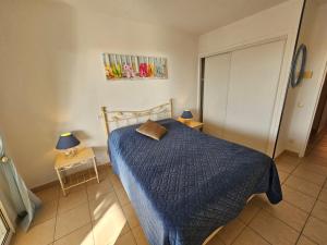 a bedroom with a bed with a blue comforter at Palmeraie 130- vue mer et village- plage et commerces à pieds in Sari Solenzara