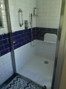 Manston的住宿－Cedar Top，浴室设有淋浴、卫生间和蓝色瓷砖。