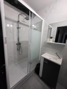 La salle de bains blanche est pourvue d'une douche et d'un lavabo. dans l'établissement APPARTEMENT DE GUISE 10, à Valenciennes