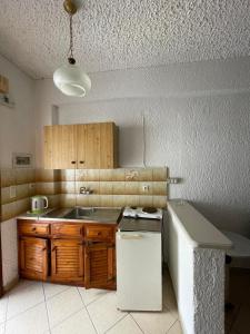 a kitchen with wooden cabinets and a white refrigerator at Yannis Apartments Barbati in Barbati