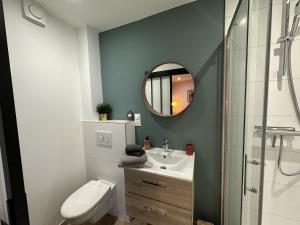 a bathroom with a sink and a toilet and a mirror at Résidence République in Dijon