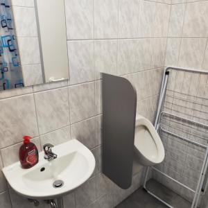 bagno con lavandino e servizi igienici di Lucky Hostel a Luckenwalde