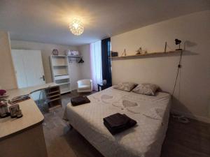 ein kleines Schlafzimmer mit einem Bett und einem Schreibtisch in der Unterkunft Apart sud vendee, zen et confort centre bourg in Saint-Hilaire-des-Loges