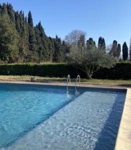 ein Pool aus blauem Wasser mit zwei Griffen in der Unterkunft Terrasse avec vue Domaine Viticole in Sallèles-dʼAude