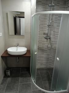 a bathroom with a glass shower and a sink at Penzion Kotva in Klatovy