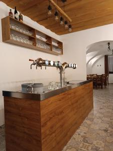 a kitchen with a counter with a sink at Penzion Kotva in Klatovy