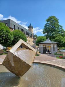 a large stone sculpture sitting in the water in a fountain at Apartment U Kabinky 4-2 by Interhome in Janske Lazne